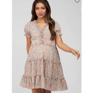 Pinkblush Peach Floral Ruffle Accent Tiered Maternity
Dress